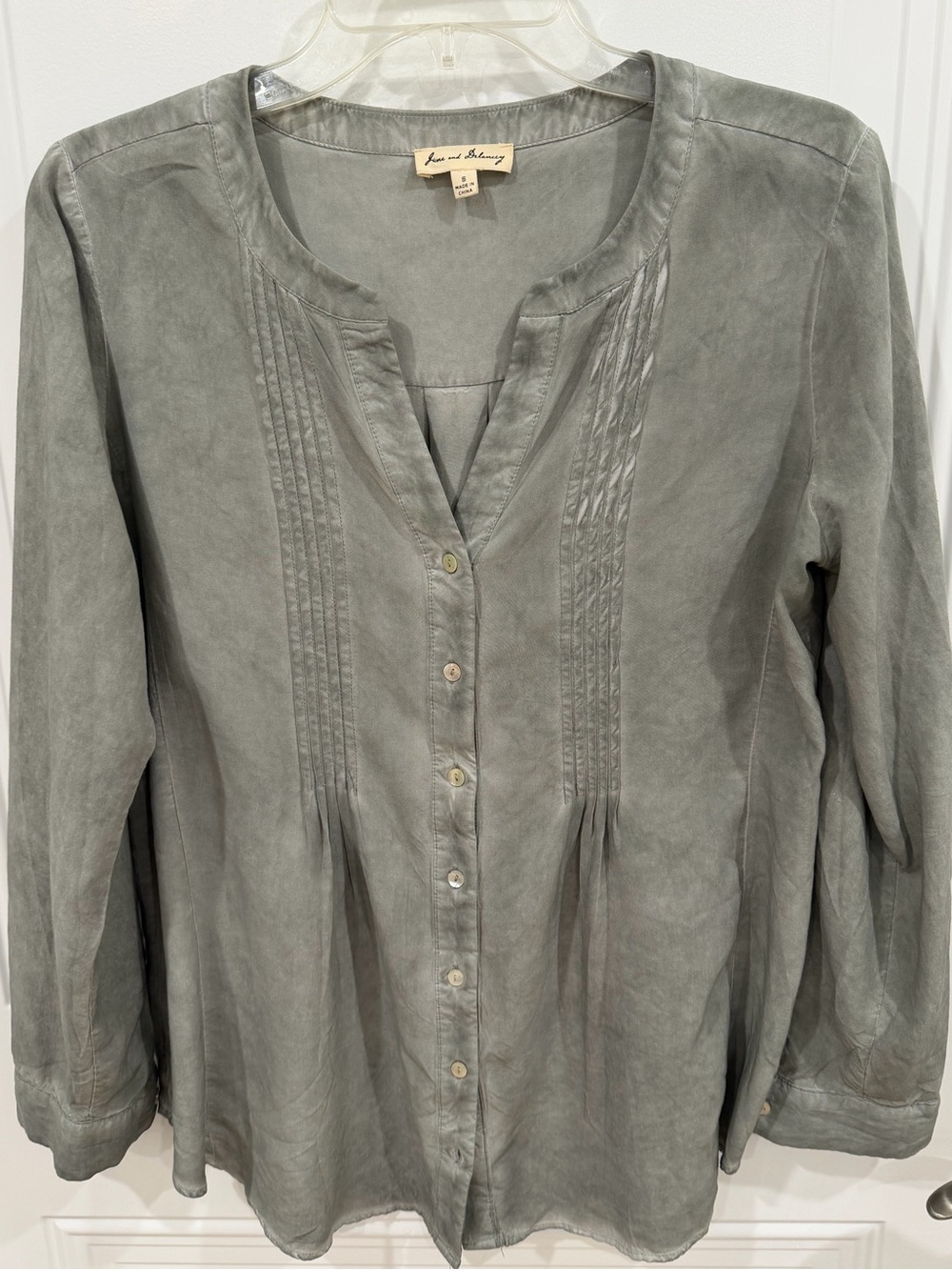 Jane and Delancey Soft Grey Pintuck Button-Front Blouse